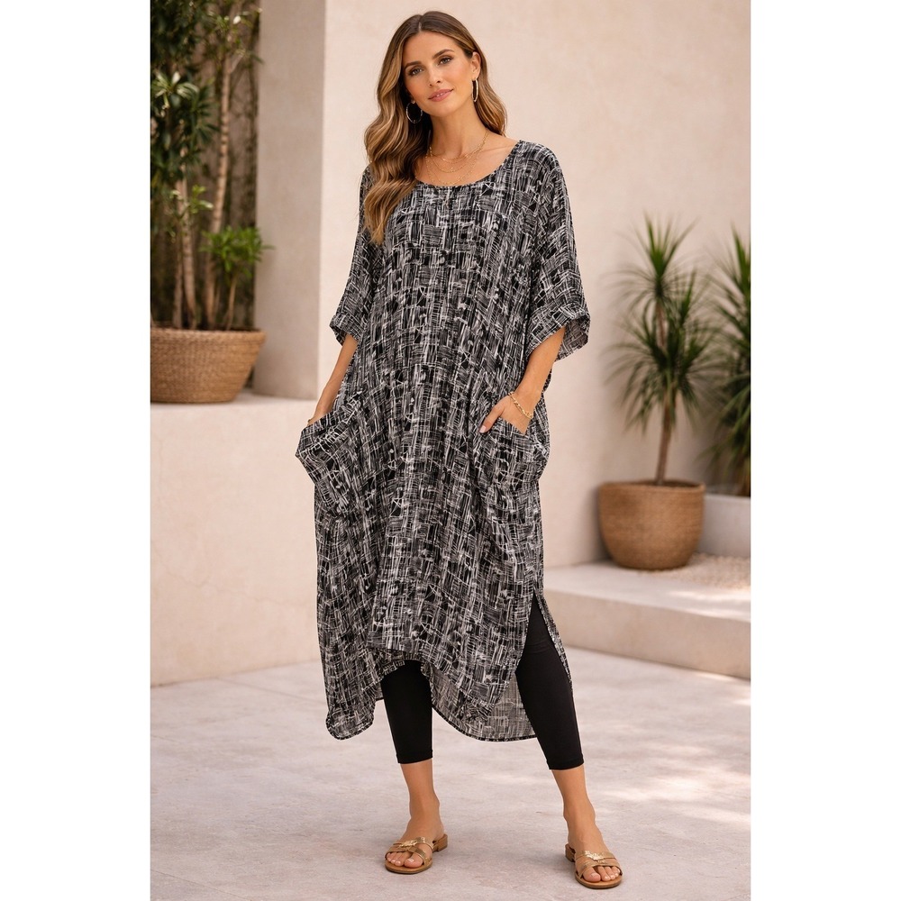 Spirithouse Midi Dress Womens Large Black White Abstract Mesh Lagenlook Draped